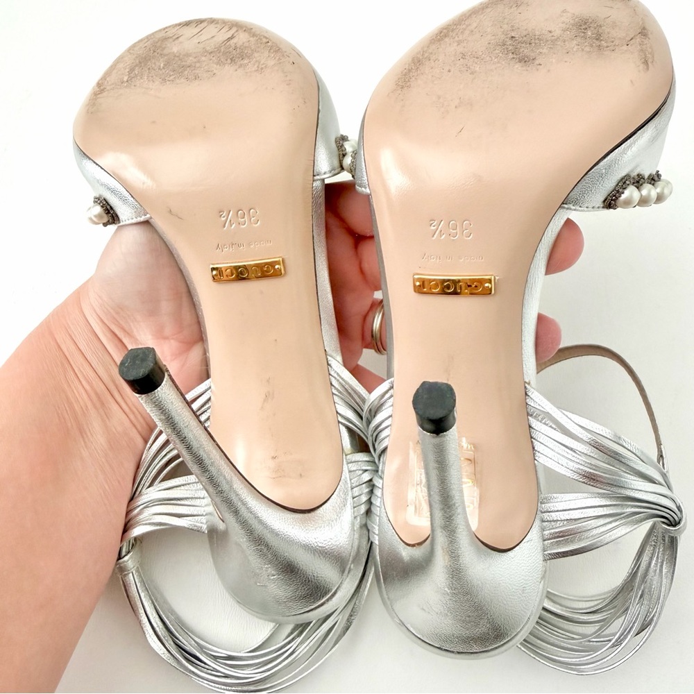 GUCCI || Allie Bow Metallic Pearl Crystal Sandals Silver Strap Heels  EU 36.5 - Picture 15 of 15